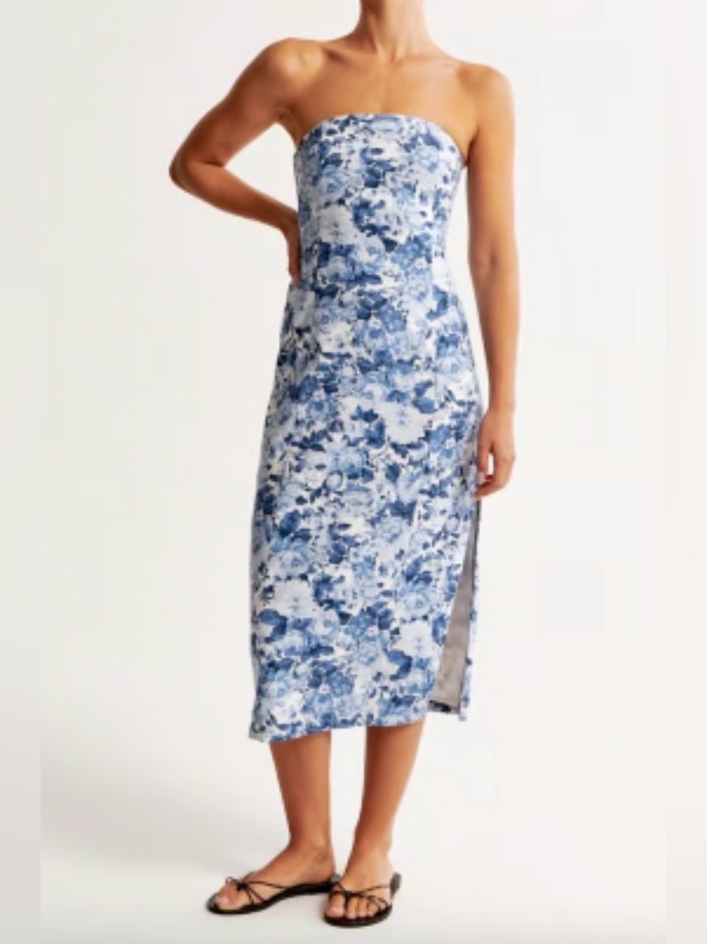 A&F Strapless Linen Navy Blue Floral Midi Dress with Slit